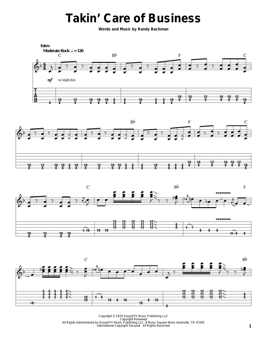 Takin' Care Of Business Guitar Tablature scores gallery preview page 1