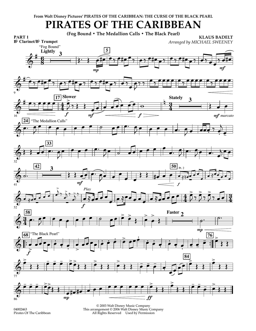 Pirates Of The Caribbean - Pt.1 - Bb Clarinet/Bb Trumpet Concert Band scores gallery preview page 1