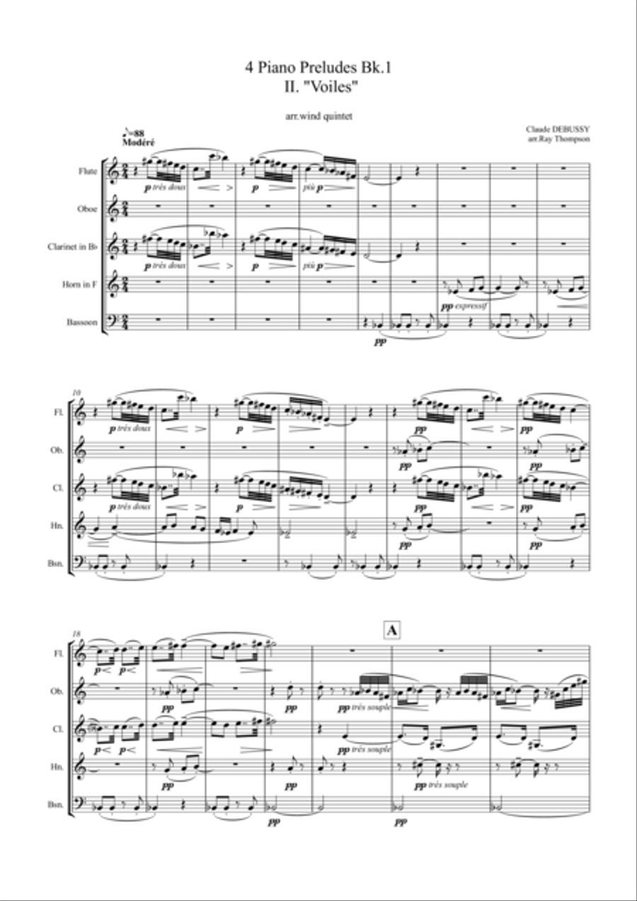 Debussy: Four Piano Preludes from Bk.1 - wind quintet Woodwind Quintet scores gallery preview page 1