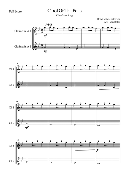 Carol Of The Bells (Christmas Song) for Clarinet in A Duo image number null