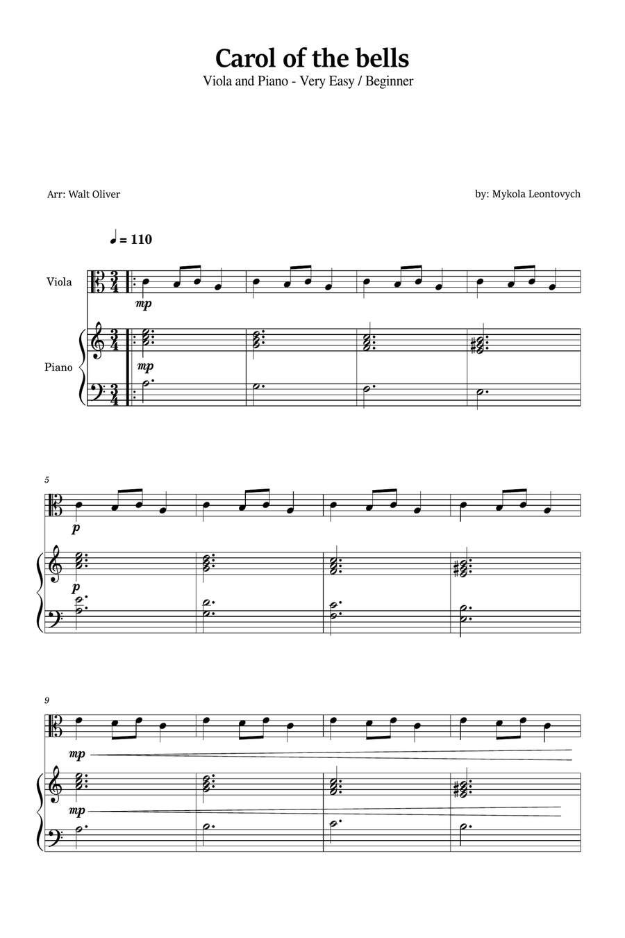 Carol of the Bells for Viola and Piano (Very Easy - Beginner) Piano scores gallery preview page 1