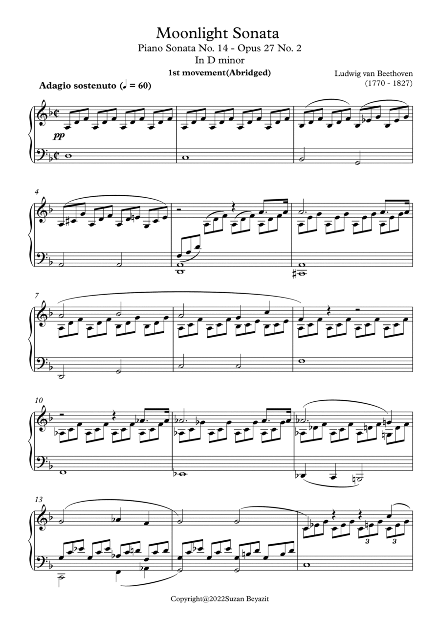 Moonlight Sonata in D minor Easy Piano scores gallery preview page 1