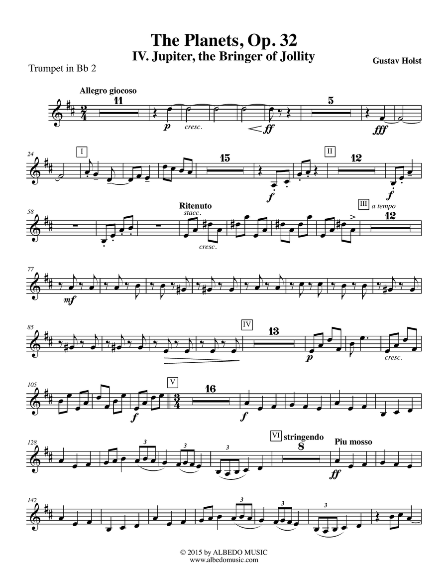 Holst The Planets, IV. Jupiter, the Bringer of Jollity - Trumpet in Bb 2 (Transposed Part), Op. 32 B-Flat Trumpet scores gallery preview page 1