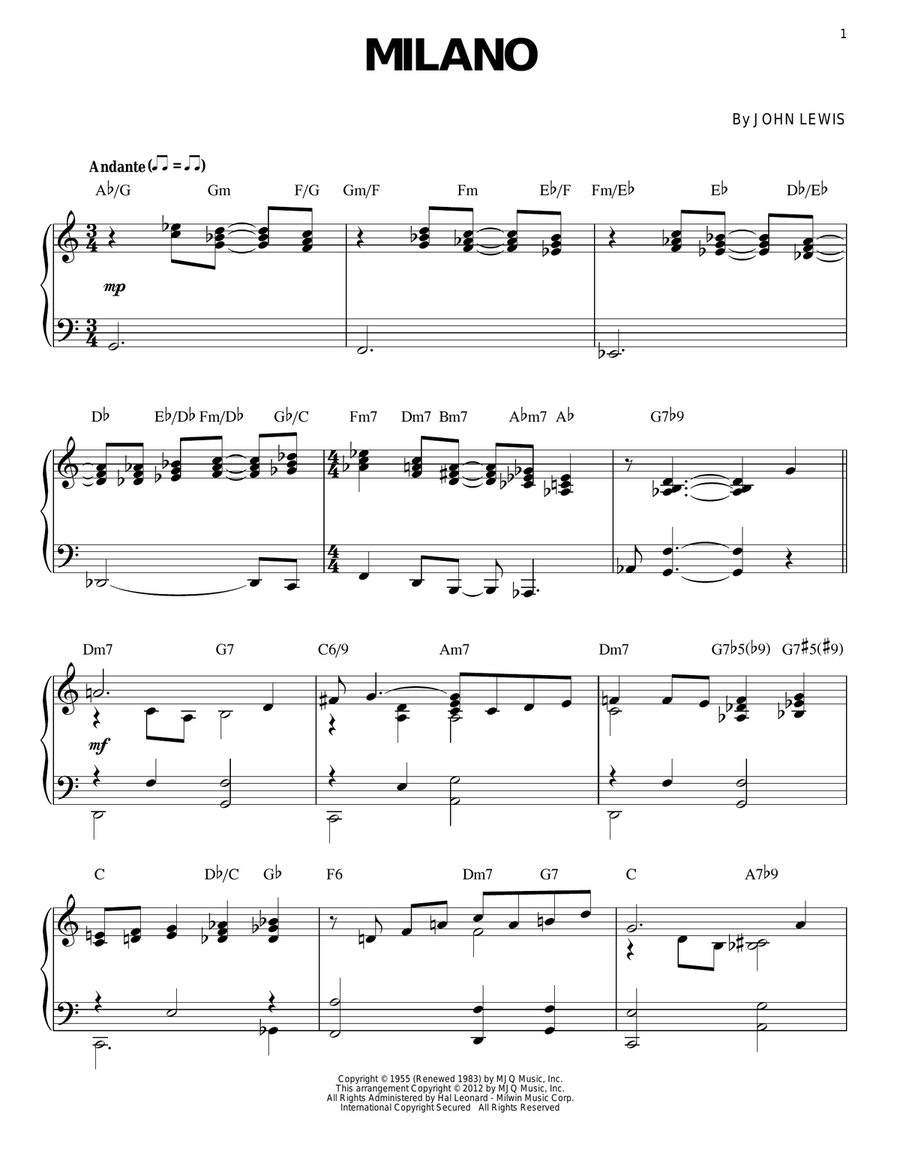 Milano (arr. Brent Edstrom) Piano Solo scores gallery preview page 1