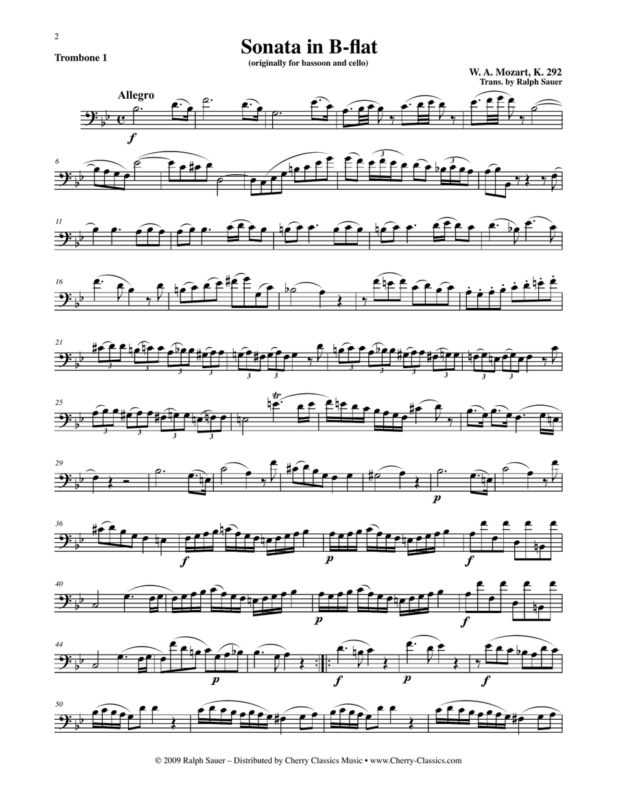 Sonata in B-flat K. 292 for Trombone Duet Trombone Duet scores gallery preview page 2