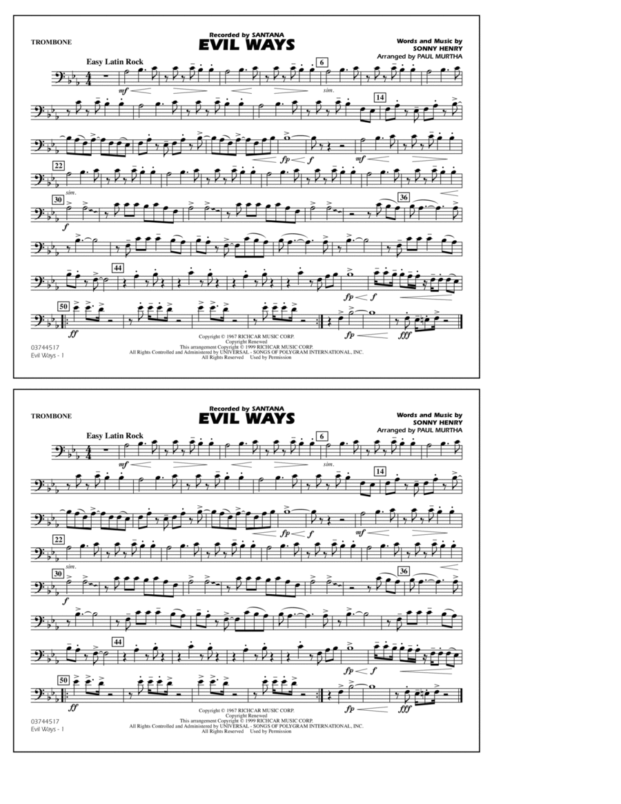 Evil Ways (arr. Paul Murtha) - Trombone