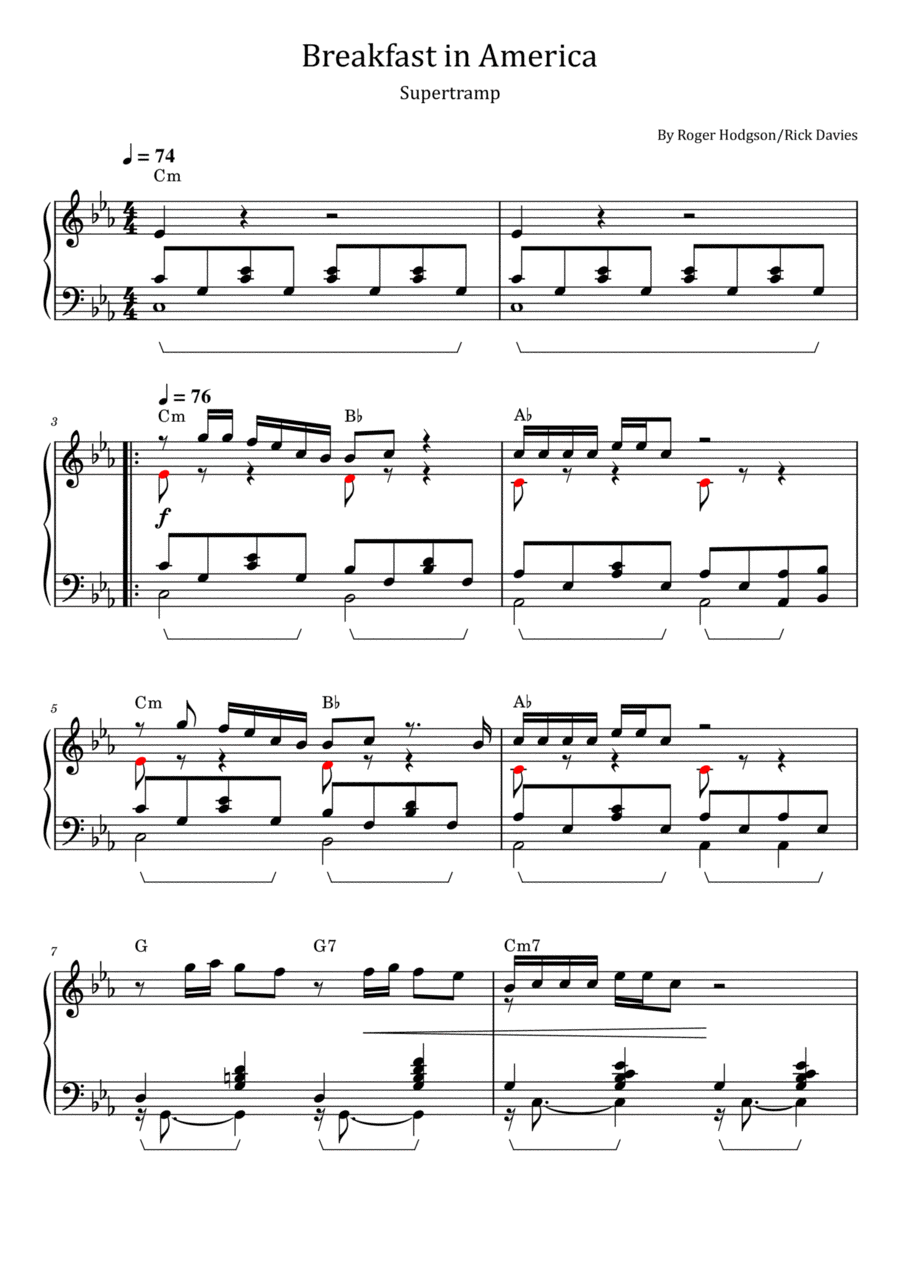 Breakfast In America Piano Solo scores gallery preview page 1