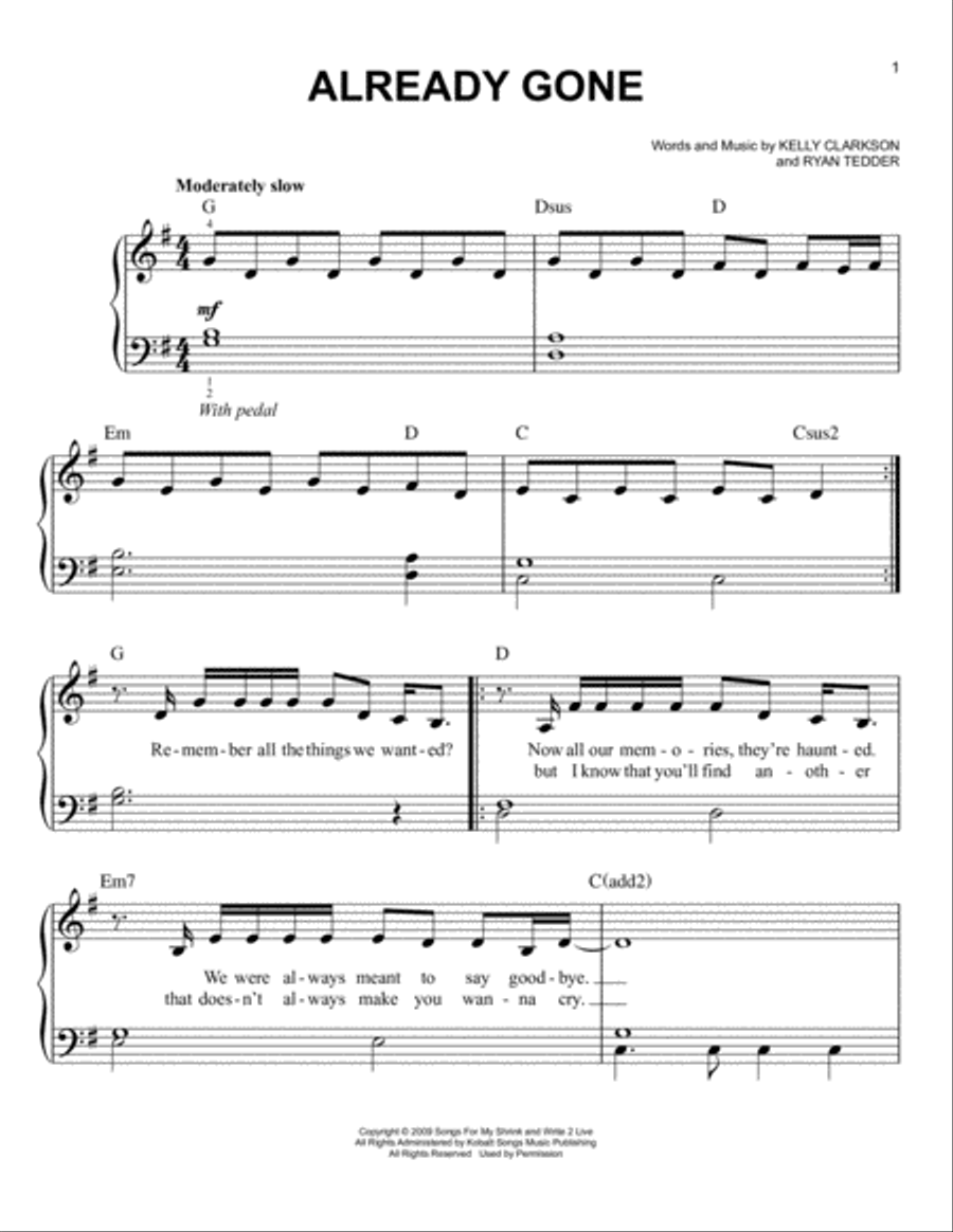 Already Gone Easy Piano scores gallery preview page 1