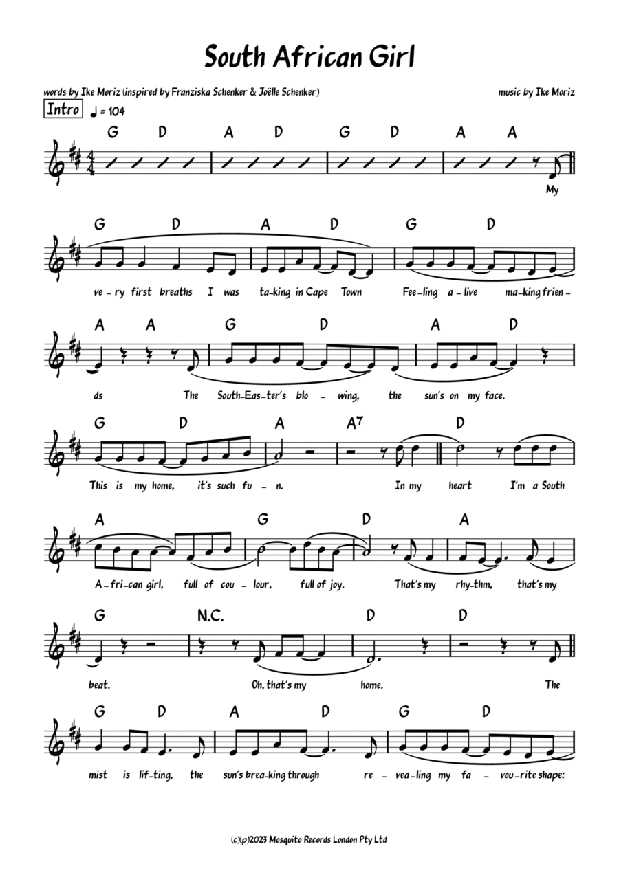 South African Girl Easy Piano scores gallery preview page 1