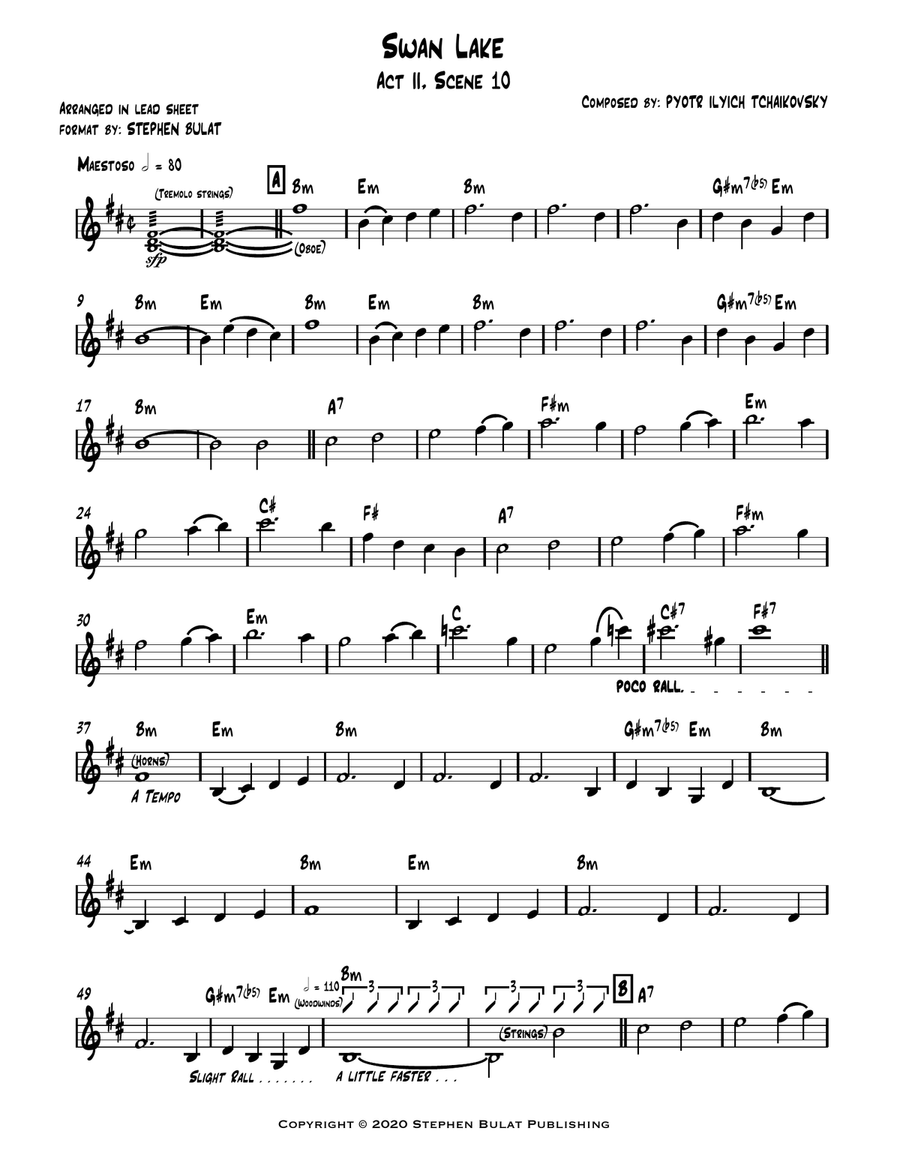 Swan Lake Tchaikovsky Lead sheet in original key of Bm by Peter Ilyich Tchaikovsky Large Ensemble Digital Sheet Music Sheet Music Plus