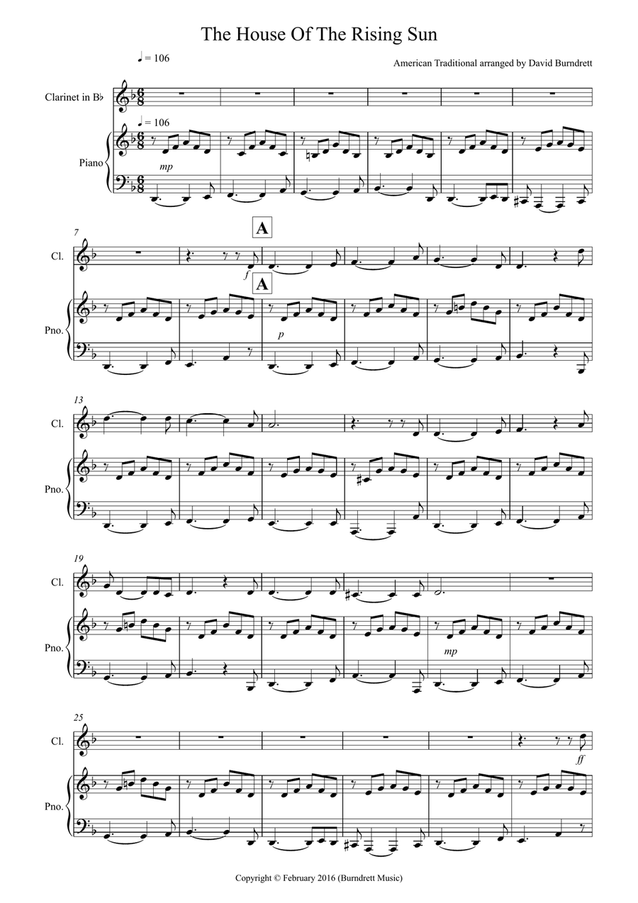 House of the Rising Sun for Clarinet and Piano House of the Rising Sun for Clarinet and Piano Clarinet Solo scores gallery preview page 1