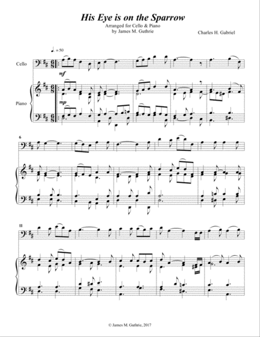 Gabriel: His Eye Is On The Sparrow for Cello & Piano Piano scores gallery preview page 1