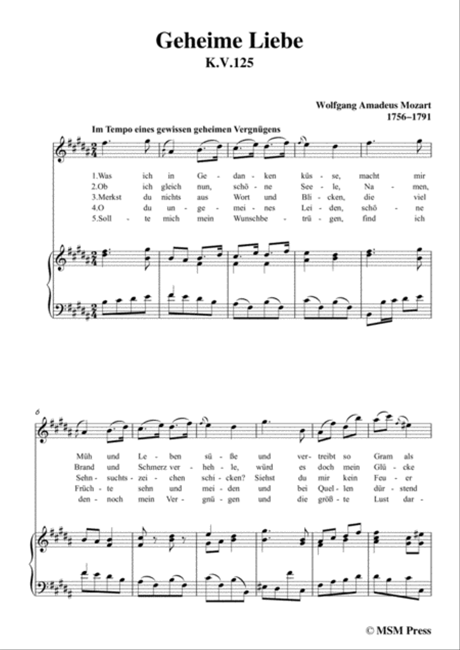 Mozart-Geheime Liebe,in B Major,for Voice and Piano Voice Solo scores gallery preview page 3