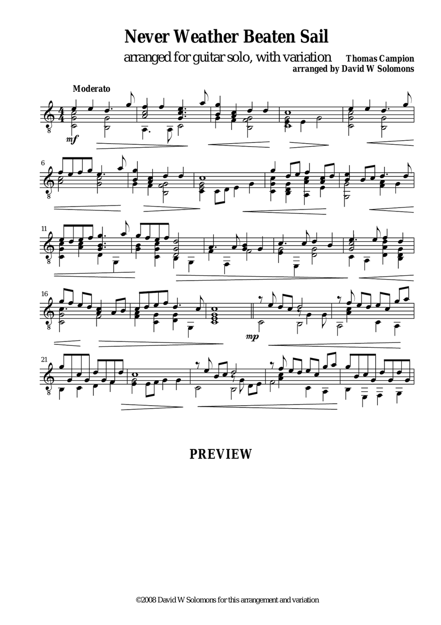 Never weather beaten sail for guitar solo Classical Guitar scores gallery preview page 1