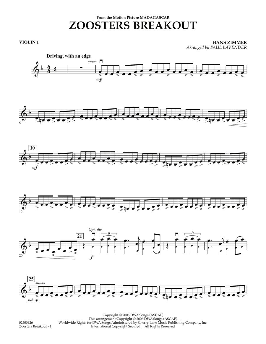 Zoosters Breakout (from Madagascar) - Violin 1 Orchestra scores gallery preview page 1