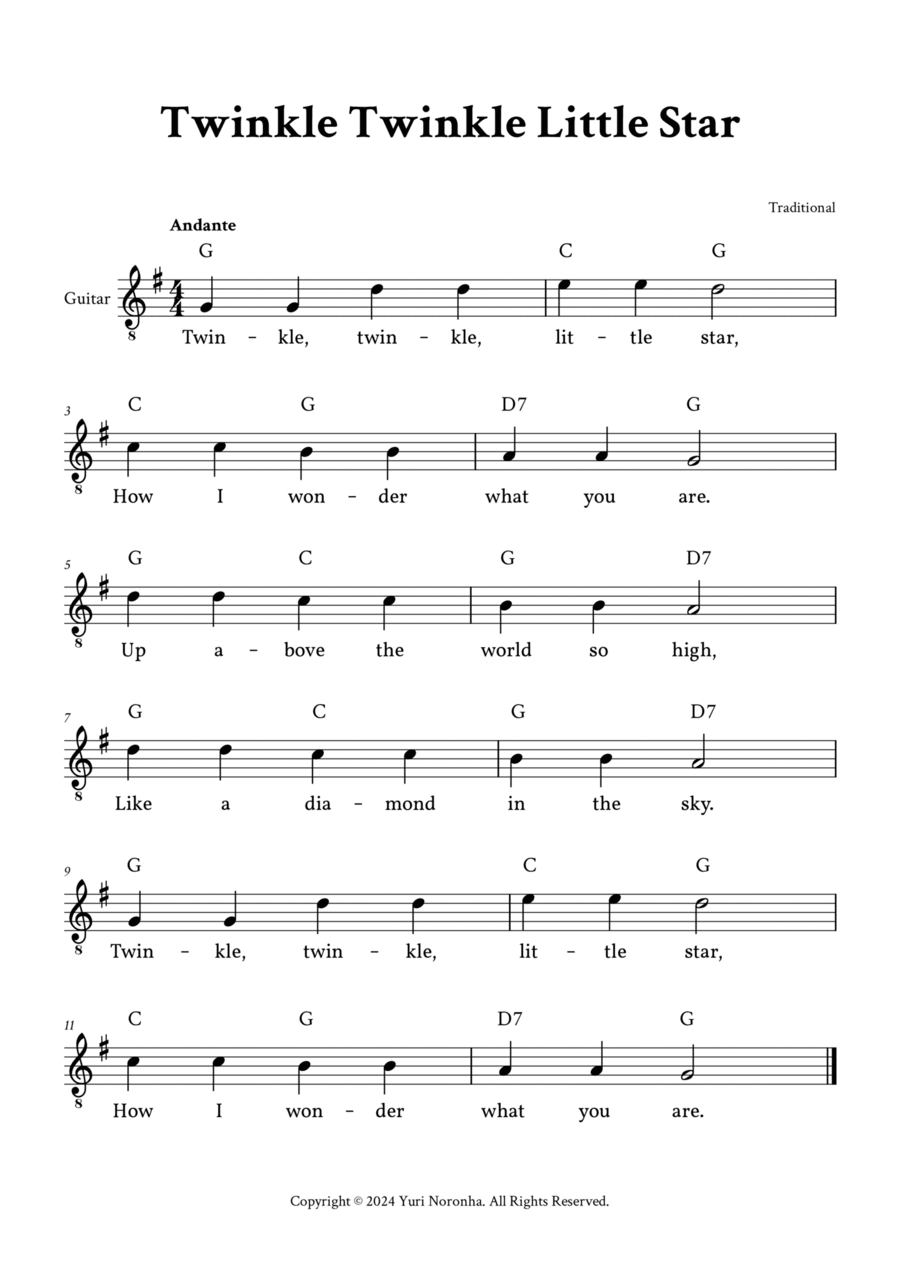 Twinkle Twinkle Little Star - (G Major - with Lyrics, Chords) Acoustic Guitar scores gallery preview page 1