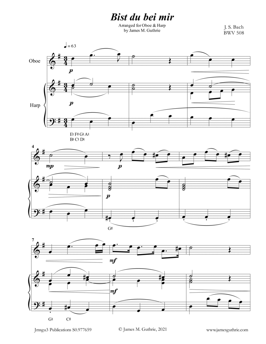 BACH: Bist du bei mir for Oboe & Harp Oboe scores gallery preview page 1