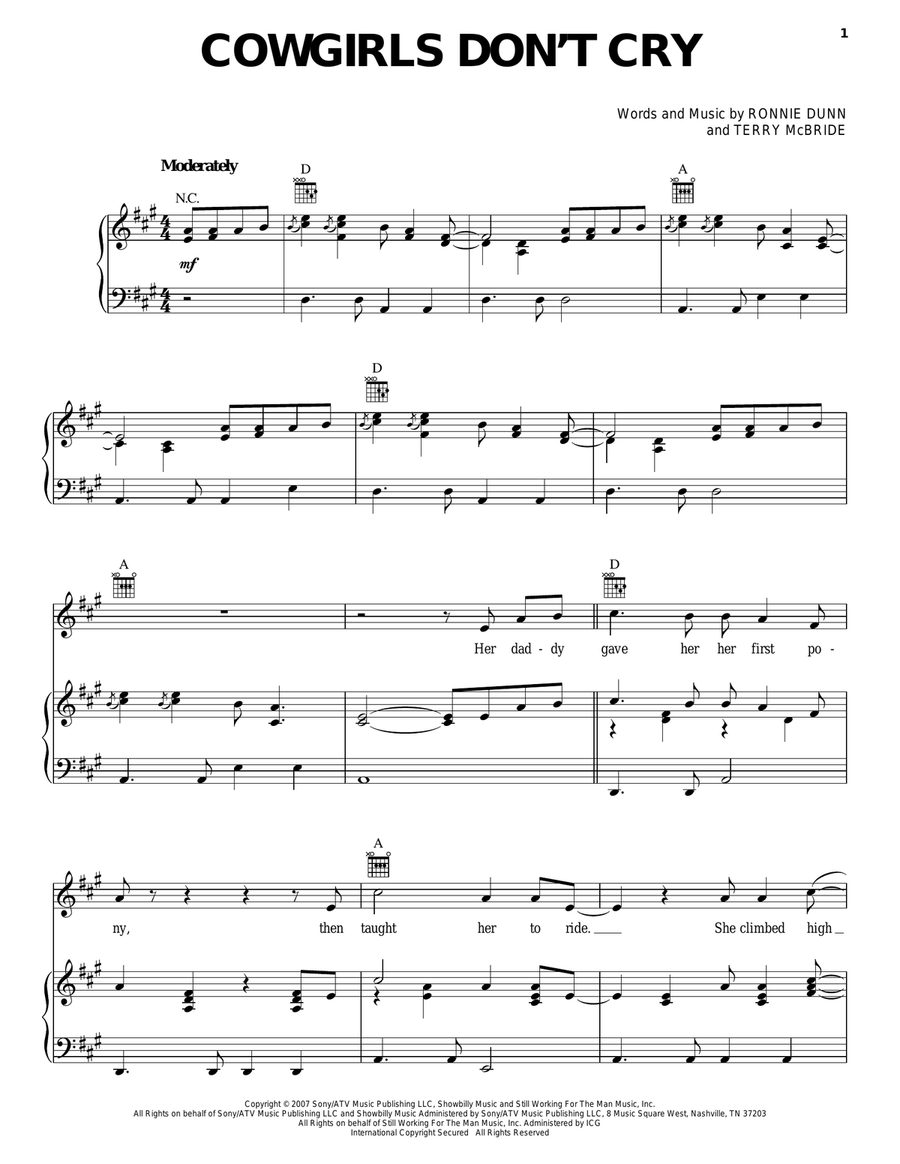 Cowgirls Don't Cry Piano, Vocal, Guitar scores gallery preview page 1