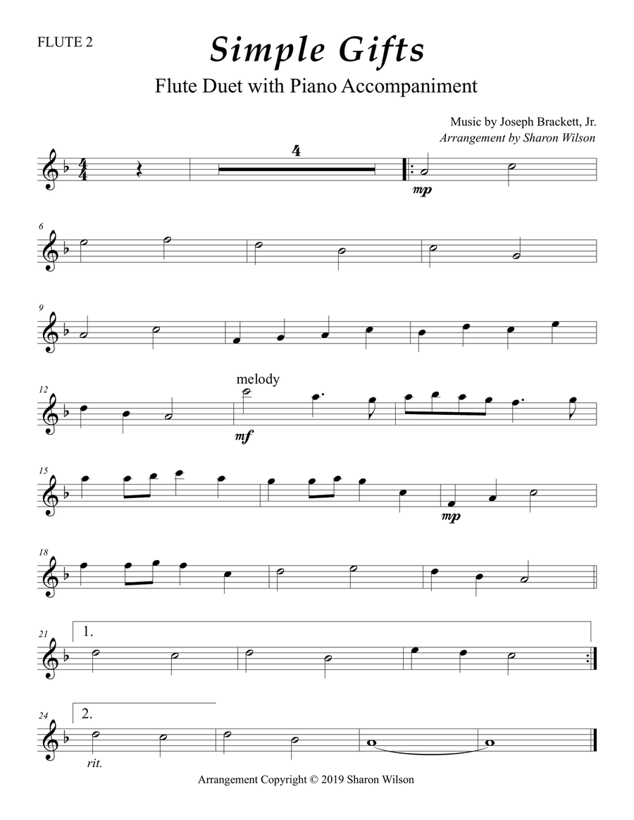 Simple Gifts (Easy Flute Duet with Piano accompaniment) Flute Duet scores gallery preview page 2