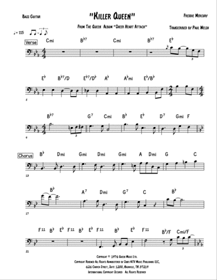 Killer Queen Bass Guitar scores gallery preview page 1