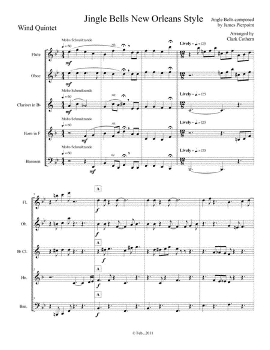 Jingle Bells New Orleans Style (Woodwind Quintet) Woodwind Quintet scores gallery preview page 1