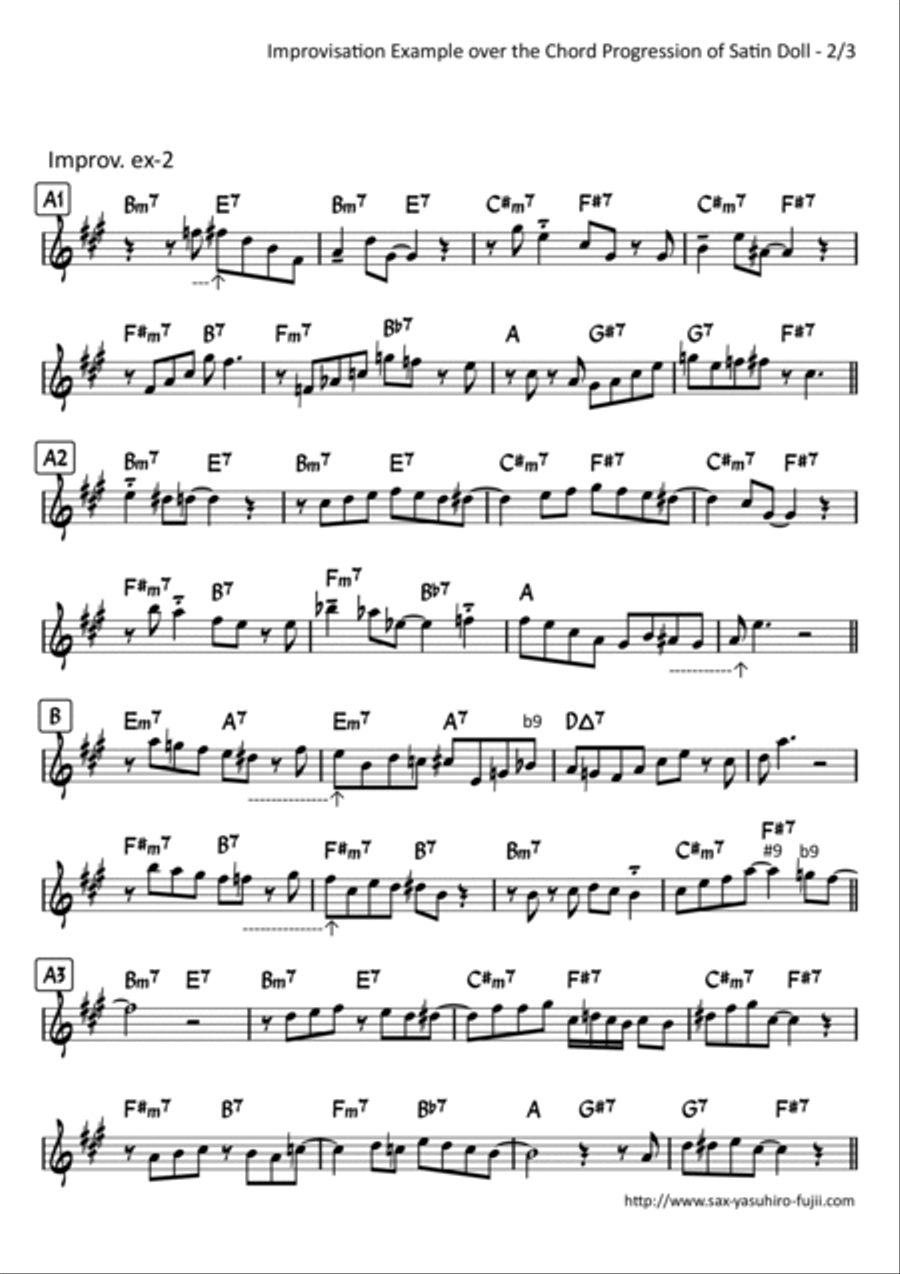 Improvisation Example over the Chord Progression of Satin Doll for Alto Sax Alto Saxophone scores gallery preview page 2