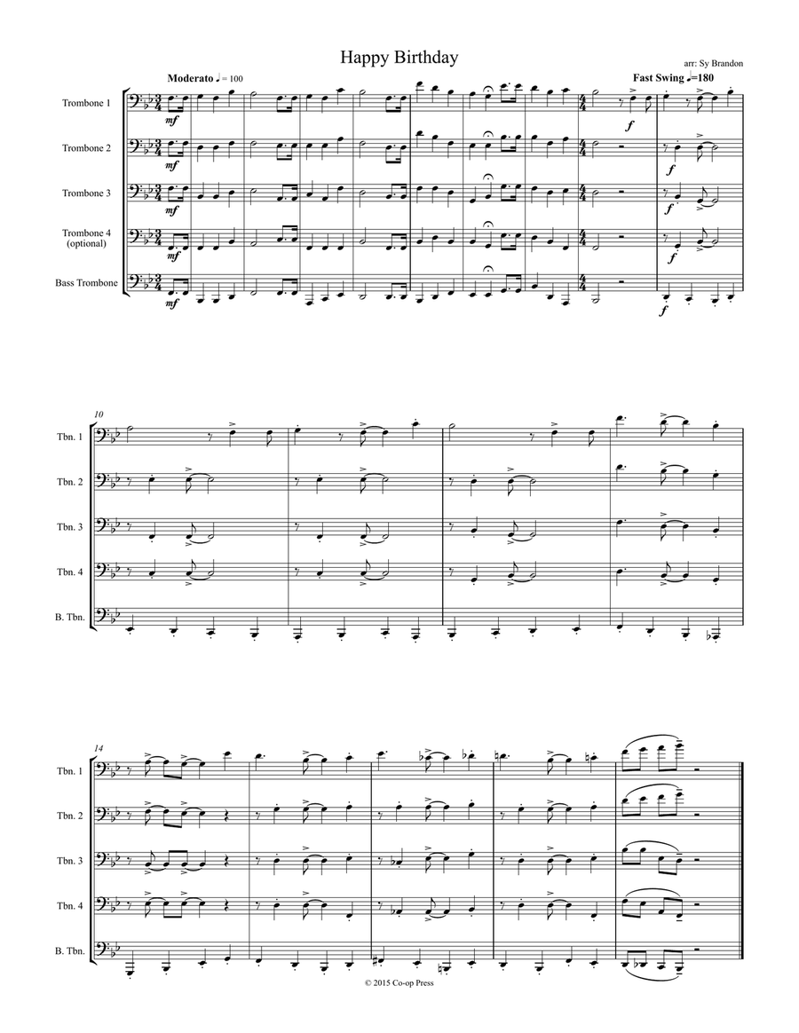 Happy Birthday for Trombone Quartet or Quintet Trombone Quartet scores gallery preview page 1