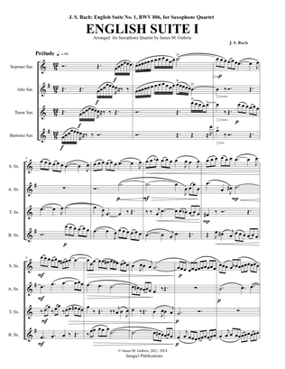 Book cover for Bach: English Suite No. 1, BWV 806, for Saxophone Quartet