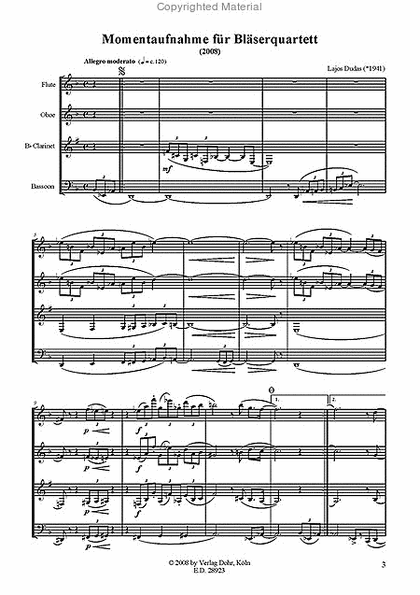 Momentaufnahme für Bläserquartett (2008) (Flöte, Oboe, Klarinette, Fagott)