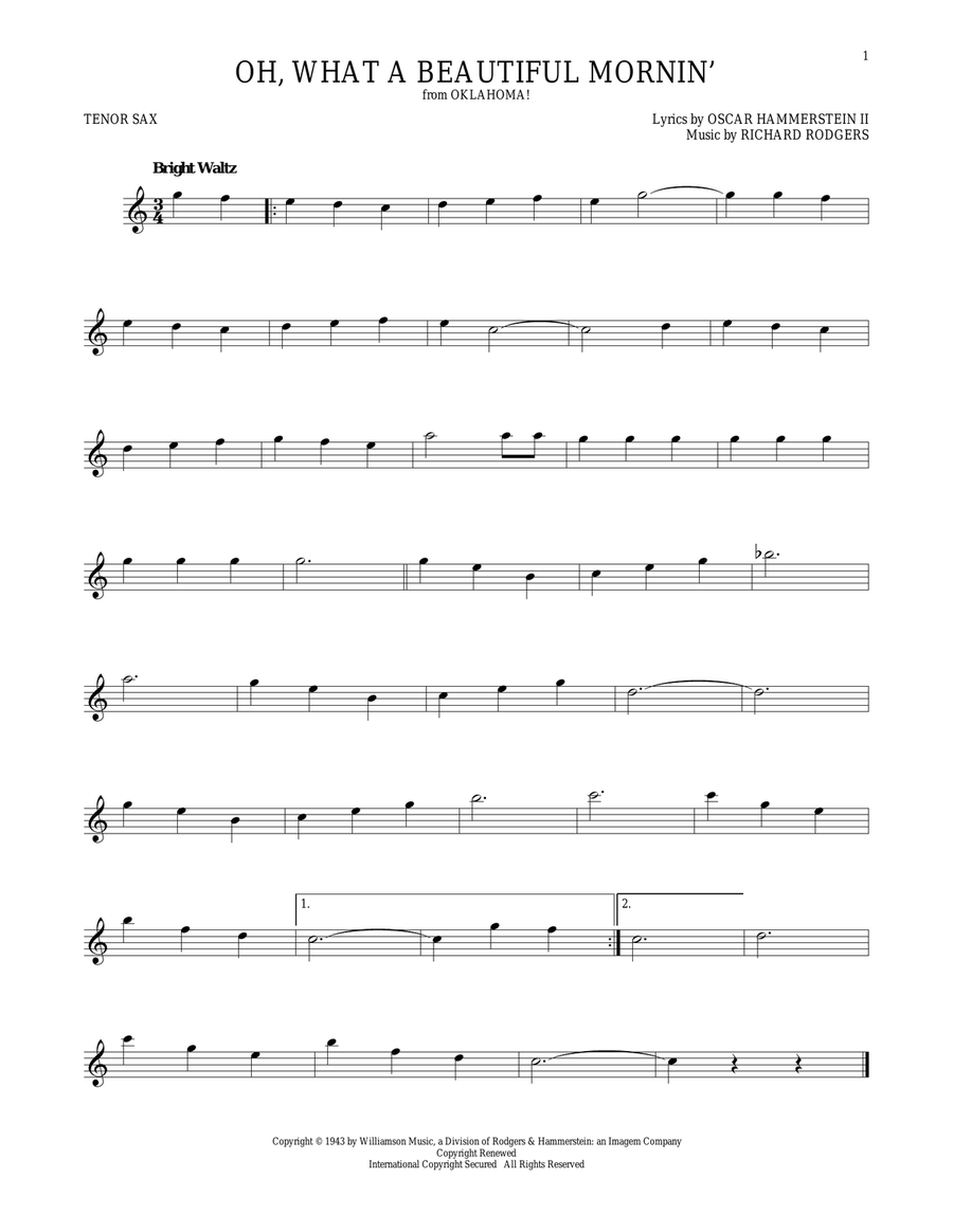 Oh, What A Beautiful Mornin' (from Oklahoma!) Tenor Saxophone scores gallery preview page 1