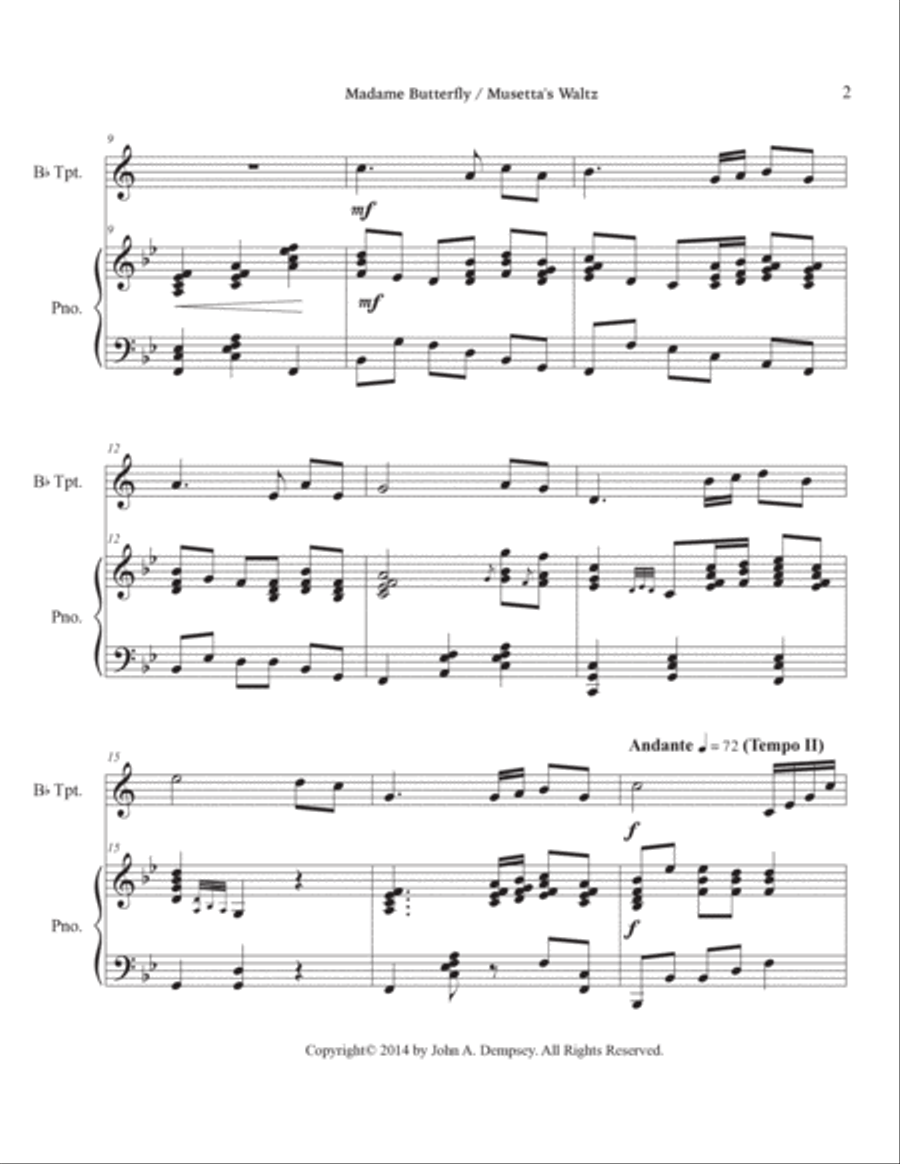 Puccini Medley: Un Bel Di (Madame Butterfly) and Musetta's Waltz (La Boheme): Trumpet and Piano Trumpet Solo scores gallery preview page 6