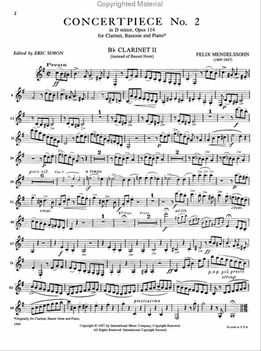 Concert Piece No. 2 in D minor, Op. 114 for Clarinet, Bassoon (or Cello) & Piano or 2 Clarinets & Piano