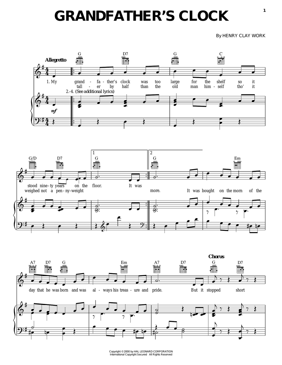 Grandfather's Clock Grandfather's Clock Piano, Vocal, Guitar scores gallery preview page 1