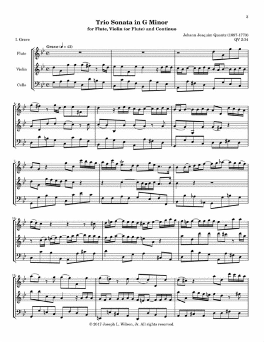Quantz Trio Sonata in G Minor for Flute, Violin and Continuo, QV 2:34 Small Ensemble scores gallery preview page 3
