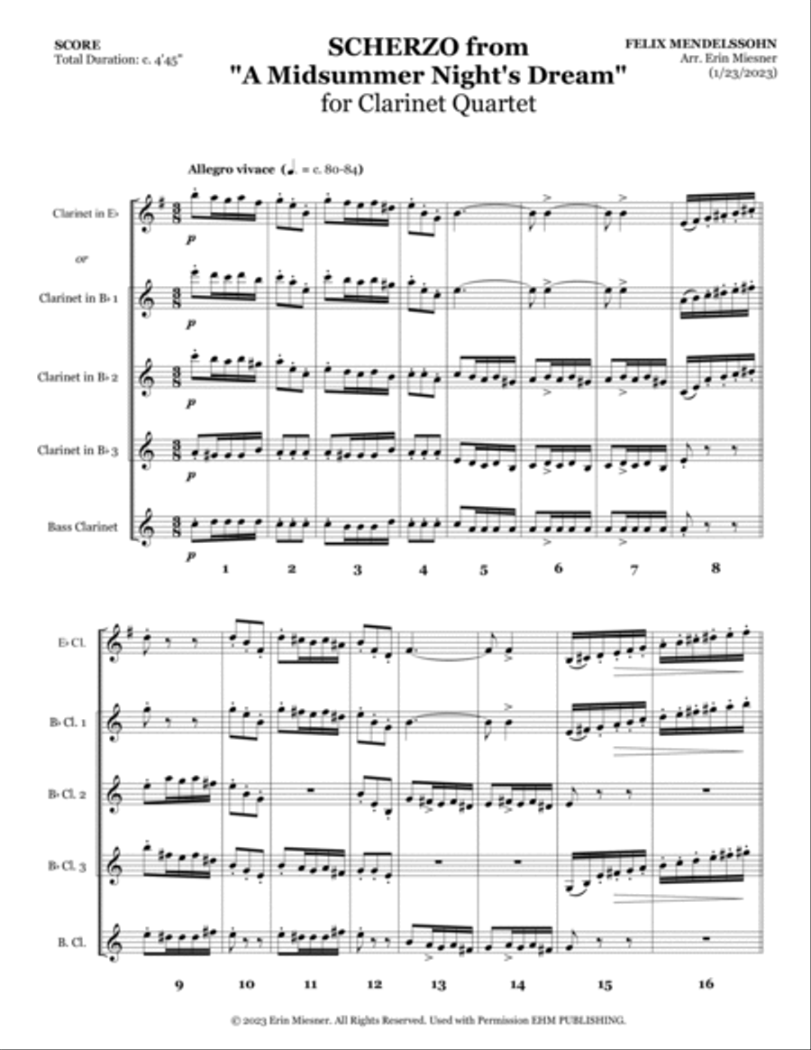 Scherzo from "A Midsummer Night's Dream" for Clarinet Quartet