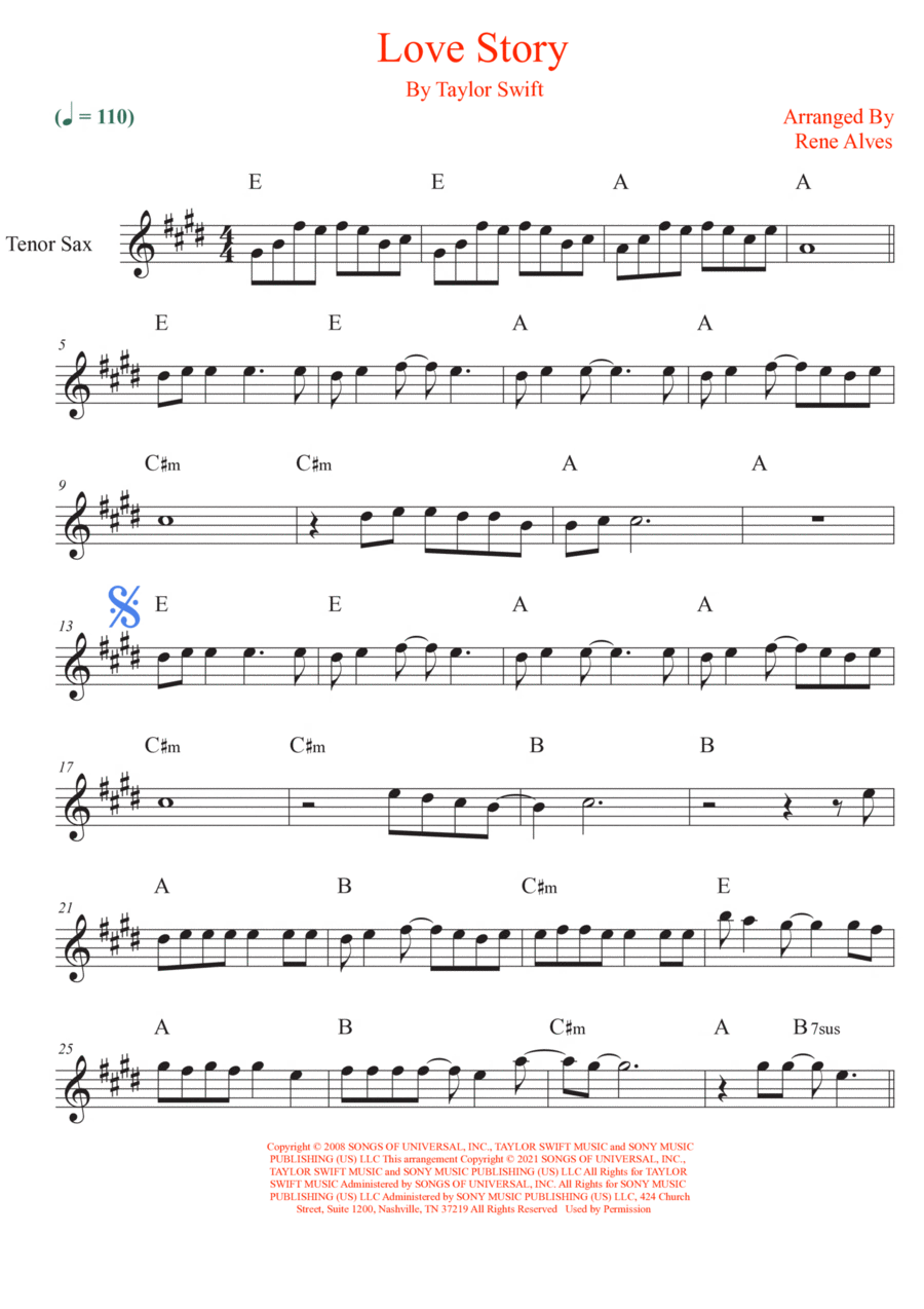 Love Story Tenor Saxophone scores gallery preview page 1