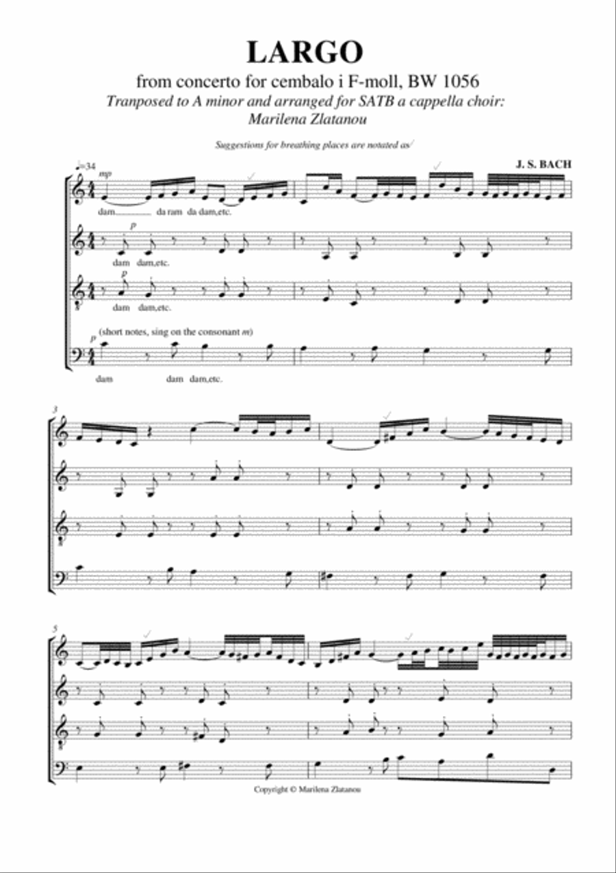 J.S.Bach: LARGO, BW 1056 4-Part scores gallery preview page 1