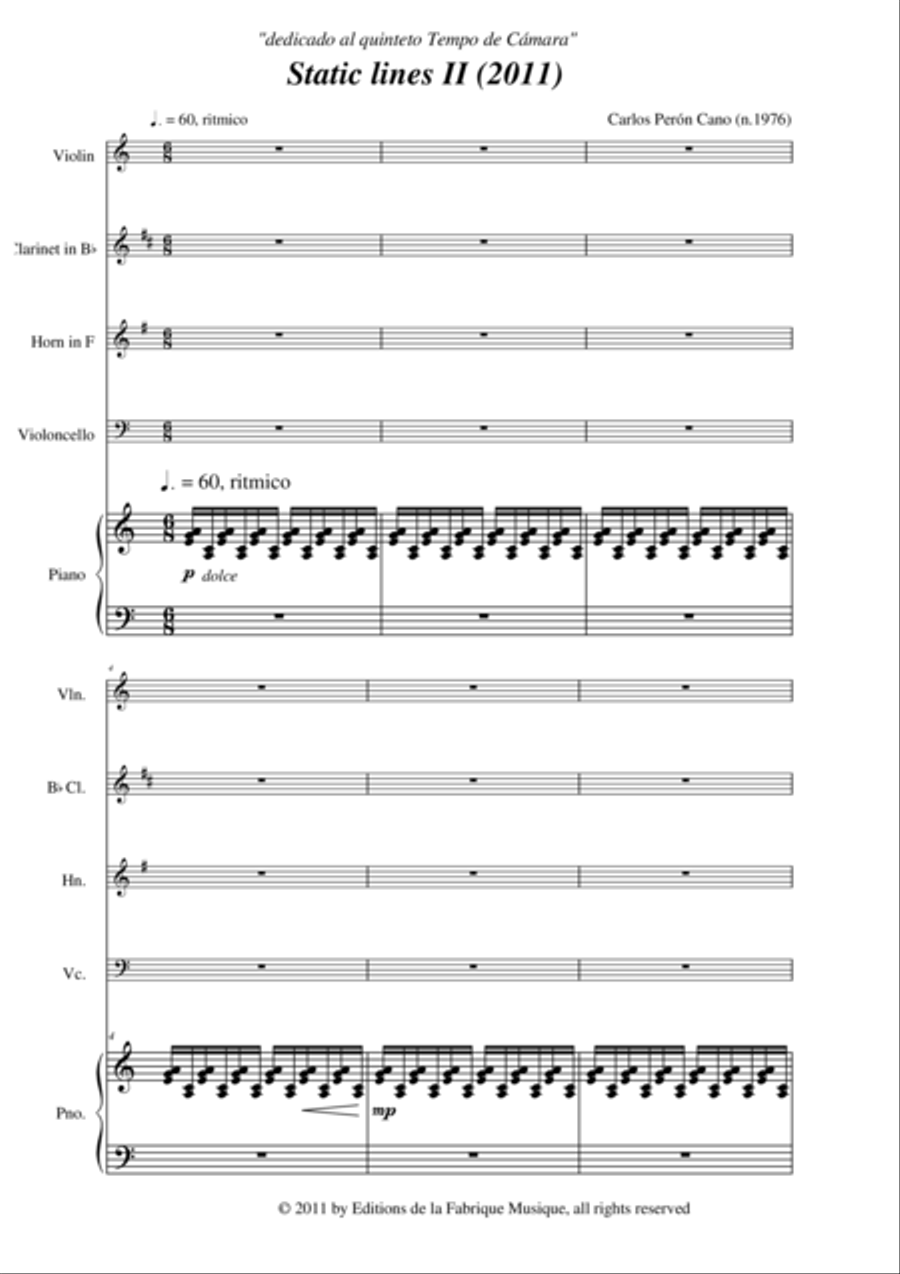 Carlos Perón Cano: Static Lines II (2003) for violin, clarinet in Bb, horn, violoncello and piano Small Ensemble scores gallery preview page 2