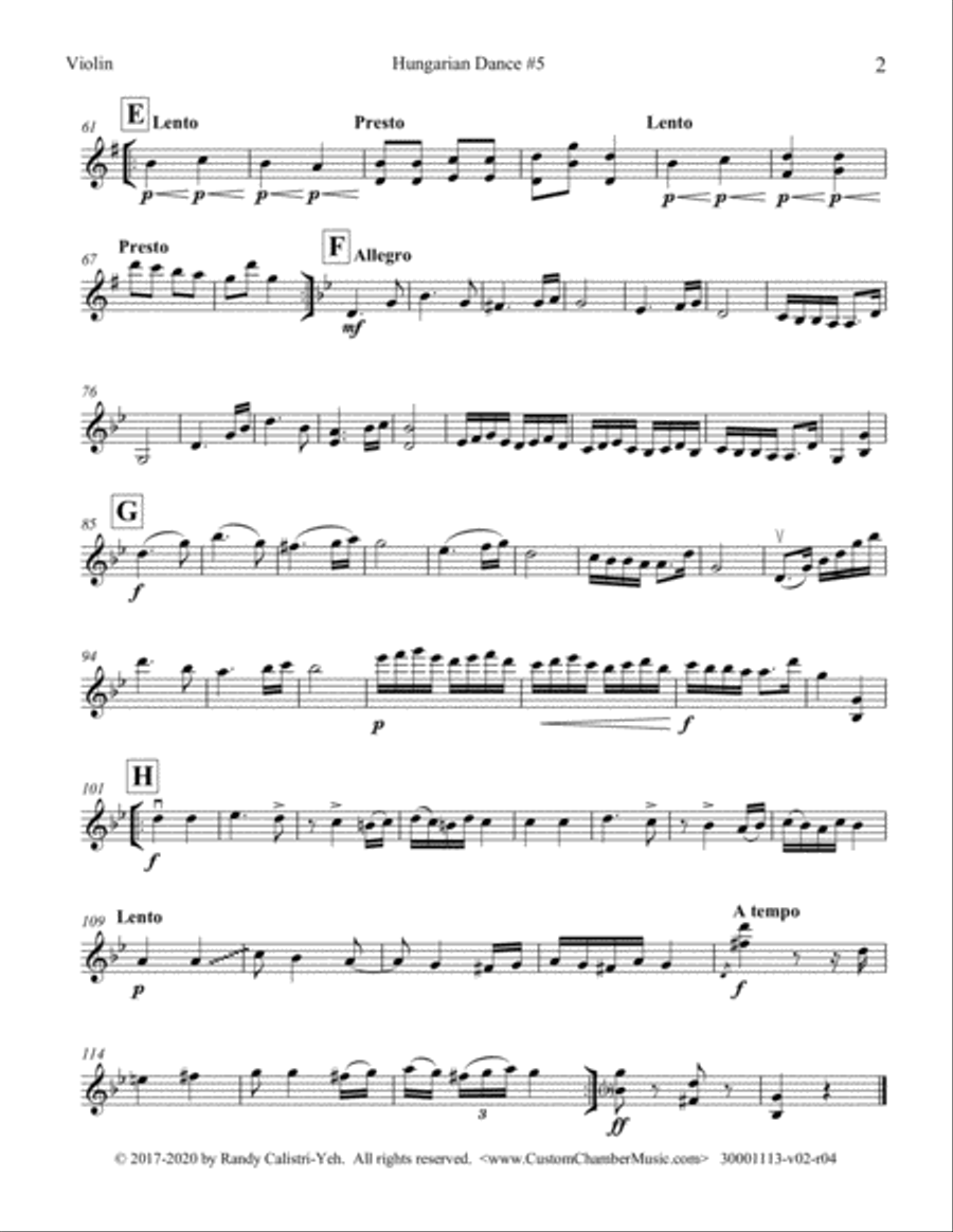 Brahms Hungarian Dance #5 (string duo/trio) String Trio scores gallery preview page 6