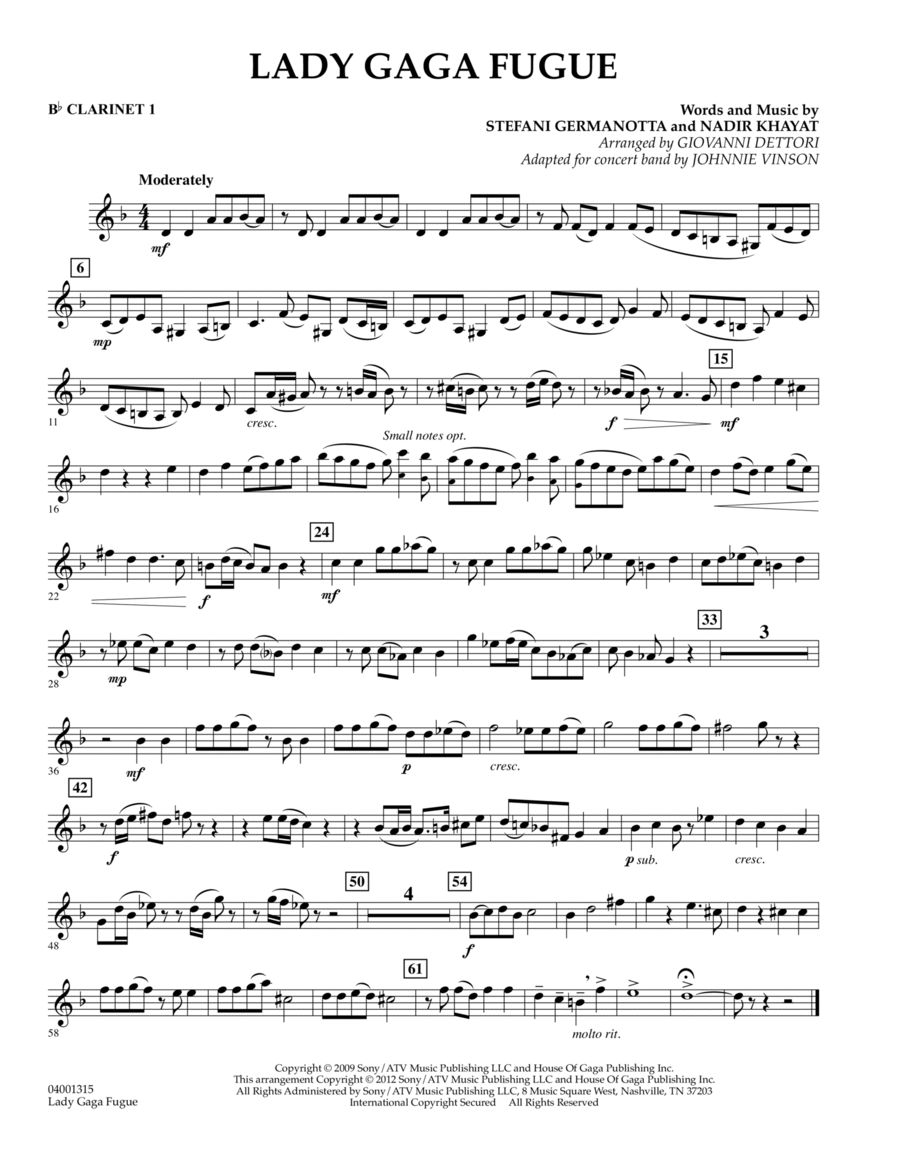 Lady Gaga Fugue - Bb Clarinet 1 Concert Band scores gallery preview page 1