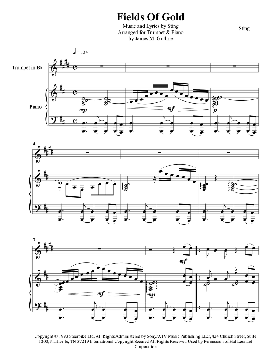 Fields Of Gold B-Flat Trumpet scores gallery preview page 1