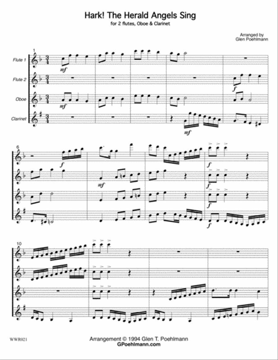 HARK! THE HERALD ANGELS SING - WOODWIND QUARTET (2 Flutes, Oboe & Clarinet - unaccompanied) Woodwind Quartet scores gallery preview page 1