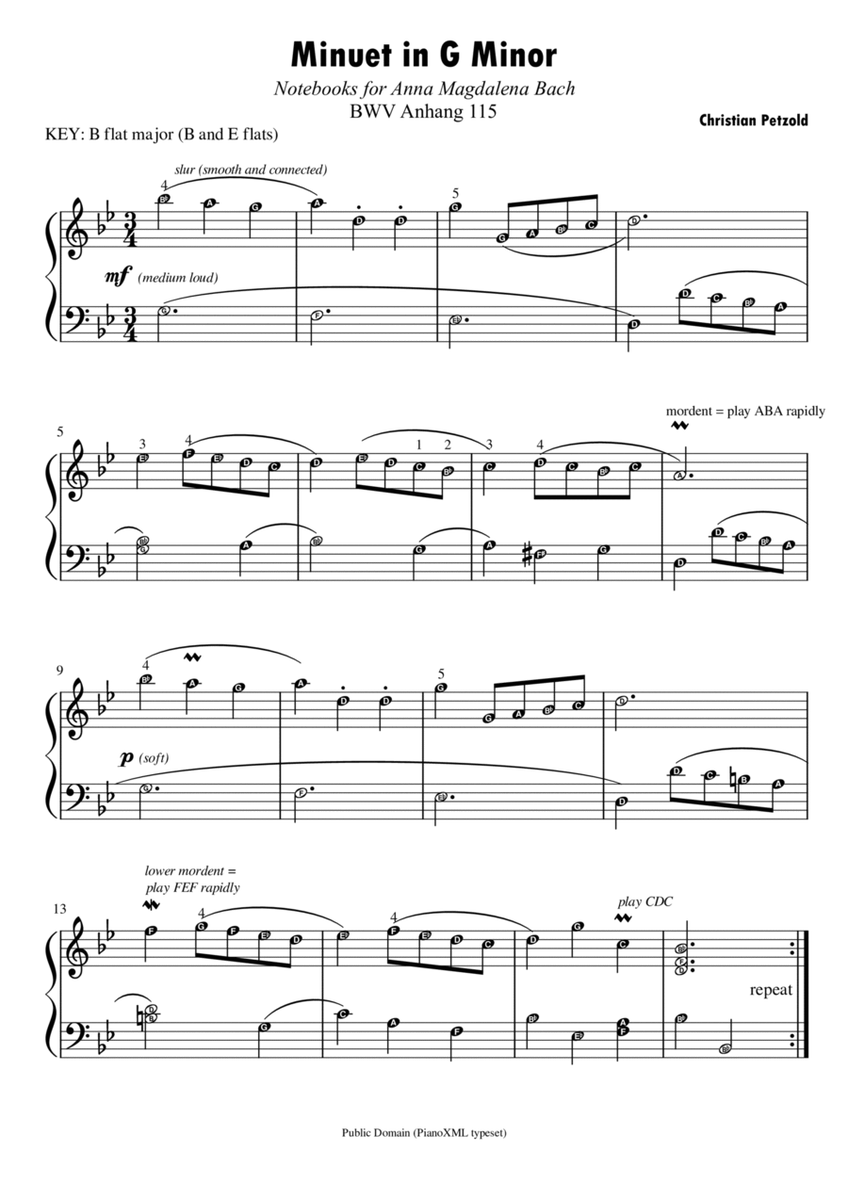 Minuet in G minor - Bach | Piano Sheet Music Score with note names and finger numbers