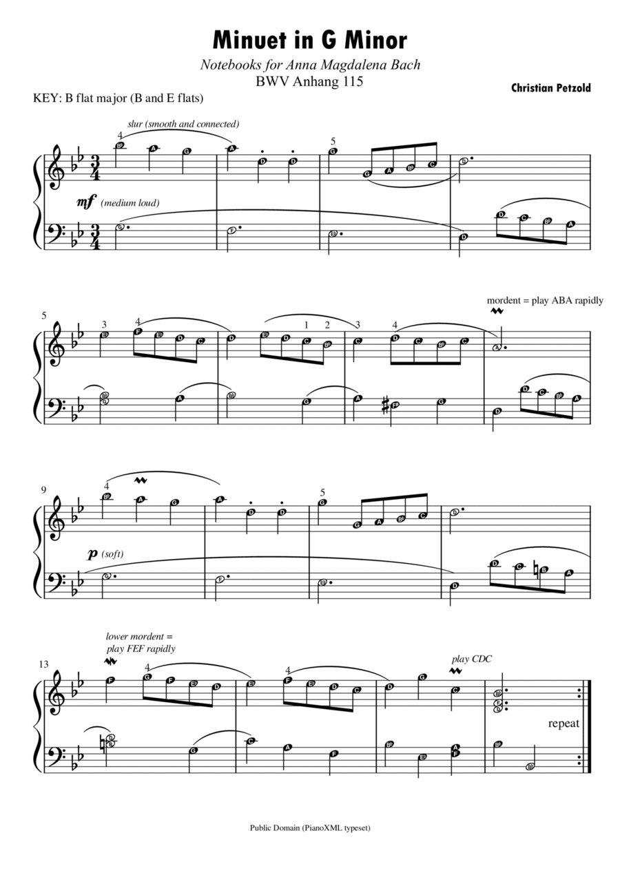 Minuet in G minor - Bach | Piano Sheet Music Score with note names and finger numbers Piano Method scores gallery preview page 1