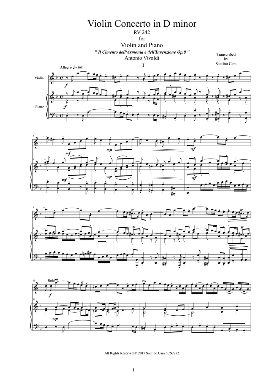 Vivaldi - Violin Concerto in D minor RV 242 Op.8 No.7 for Violin and Piano Violin Solo scores gallery preview page 1