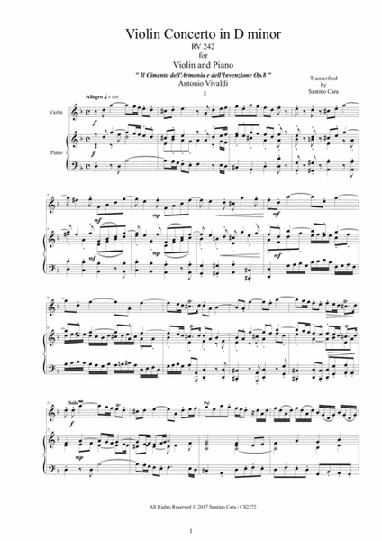 Vivaldi - Violin Concerto in D minor RV 242 Op.8 No.7 for Violin and Piano image number null