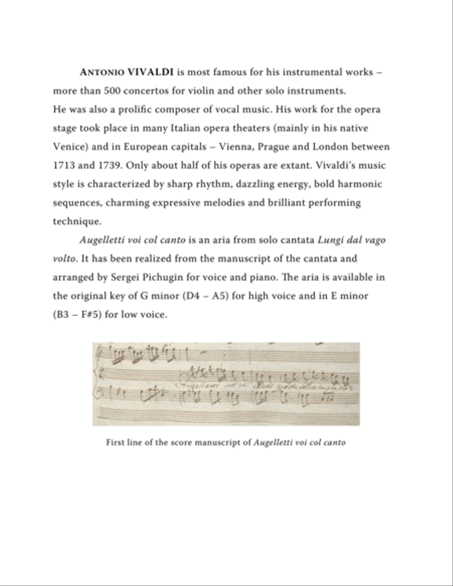 VIVALDI Antonio: Augelletti voi col canto, aria from the cantata, arranged for Voice and Piano (E mi Alto Voice scores gallery preview page 2