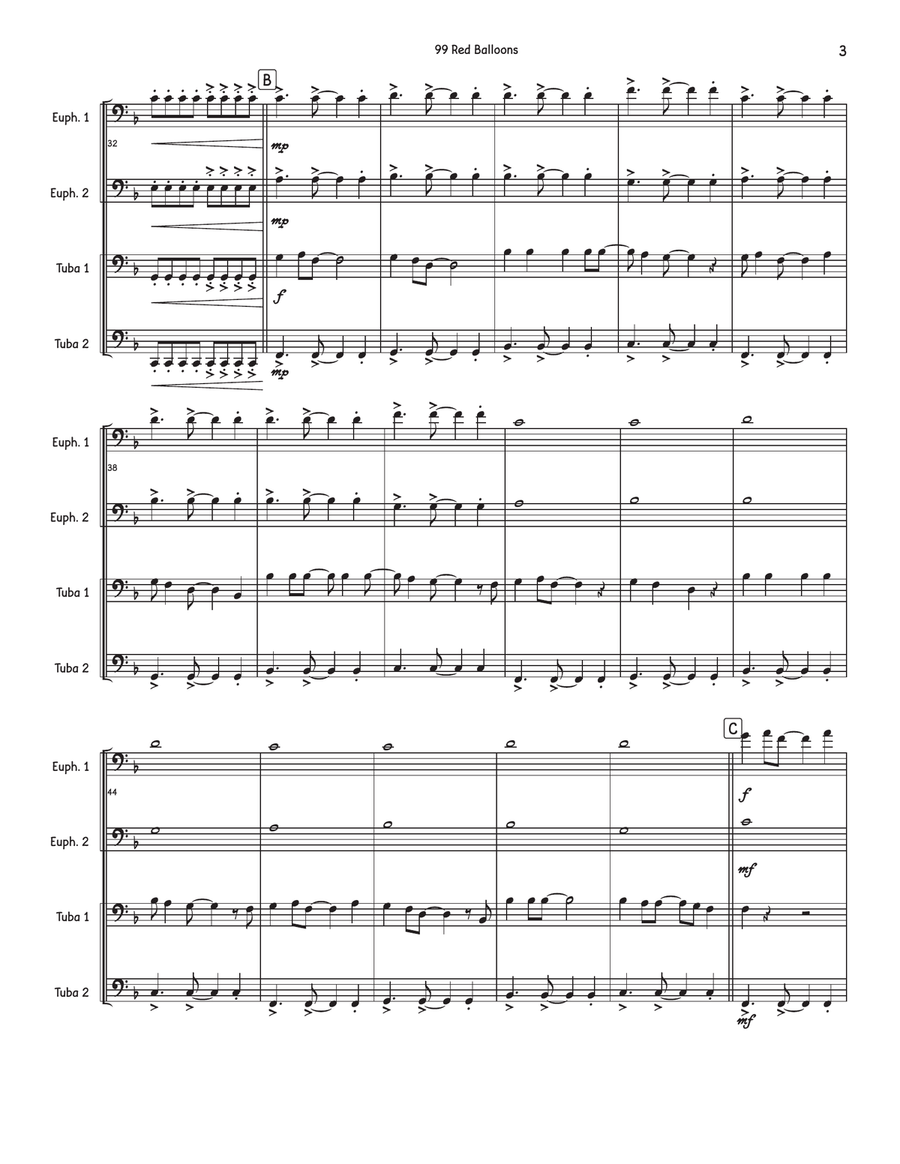 99 Red Balloons (99 Luftballons) Brass Quartet scores gallery preview page 3