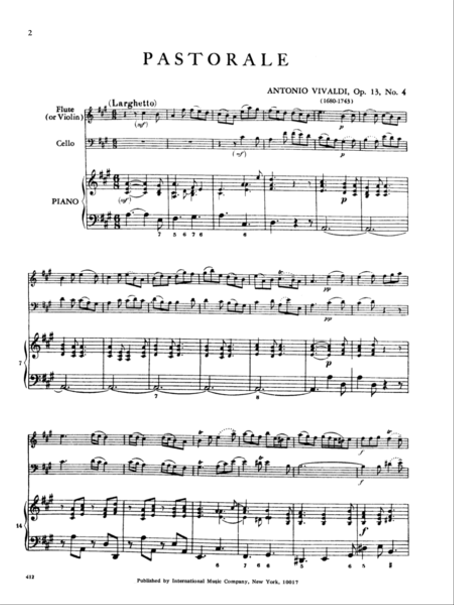 Pastorale; Second Movement From Sonata In A Major, Rv 59 For Piano, Flute (Or Violin) & Cello