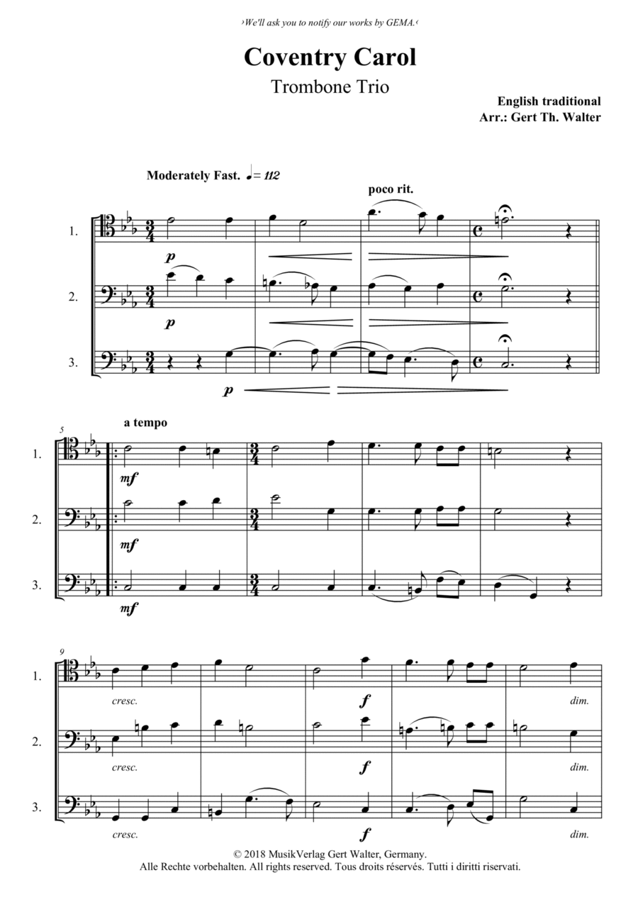 Coventry Carol Trombone Solo scores gallery preview page 1